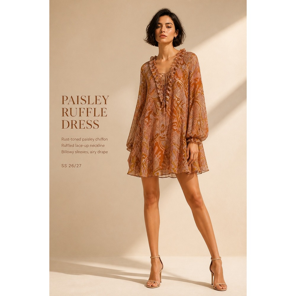 House of Harlow 1960 Paisley Ruffle Chiffon Mini Dress Rust Orange